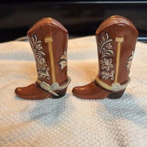 Vintage Blue Sky Clayworks Brown Ceramic Cowboy Boot Salt & Pepper Shaker Set